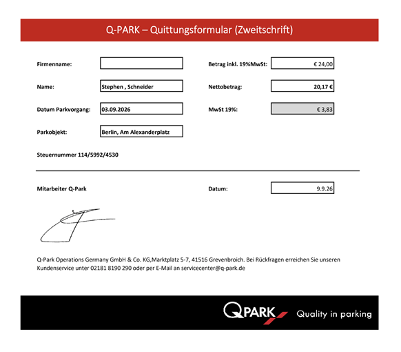 Q-Park parking receipt supplied as a PDF after a manual request